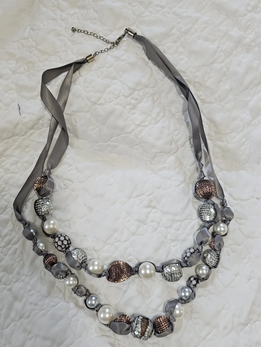 Chicos Elegant Silver and Rose Gold Beaded Satin Necklace - Women Jewelry